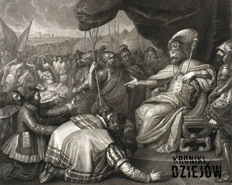 Mieszko II tłumi bunt Pomorzan po powrocie do władzy po pokonaniu Bezpryma, swojego brata na obrazie Agnello Campanella