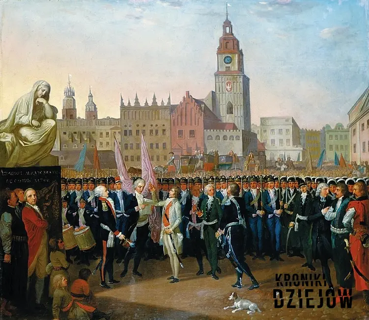 Wybuch Powstania Kościuszkowskiego 1794 r. rozpoczyna przysięga Kościuszki na rynku w Krakowie (w wyobrażeniu Franciszka Smuglewicza)