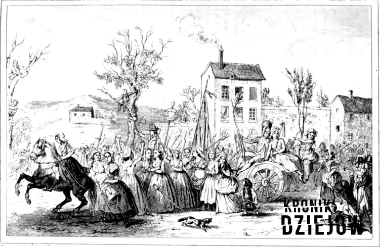 Marsz kobiet na Wersal był bohaterskim wyczynem w czasie Rewolucji Francuskiej - rycina Augustna Challamella