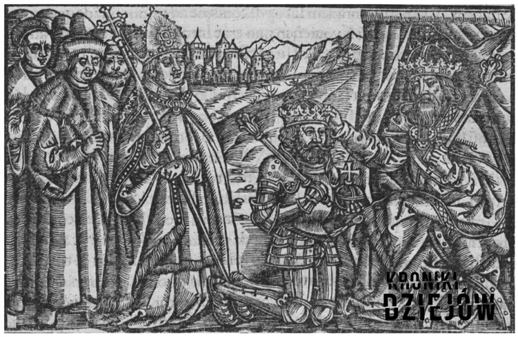 Zjazd gnieźnieński zakończył się koronacją Bolesława Chrobrego przez Ottona III - rycina Mikołaja Miechowity