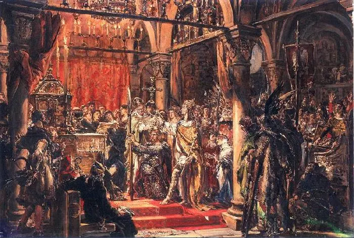 Koronacja Bolesława Chrobrego to ważne wydarzenie w historii Polski, które zwiększyło rangę kraju na arenie międzynarodowej - obraz Jana Matejki