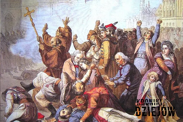 Wybuch powstania styczniowego to konsekwencja działania i opresji rosji w Królestwie Polskim - na obrazie strzelanina do manifestantów w Warszawie w 1861 r. obraz Tonego Roberta Fleury