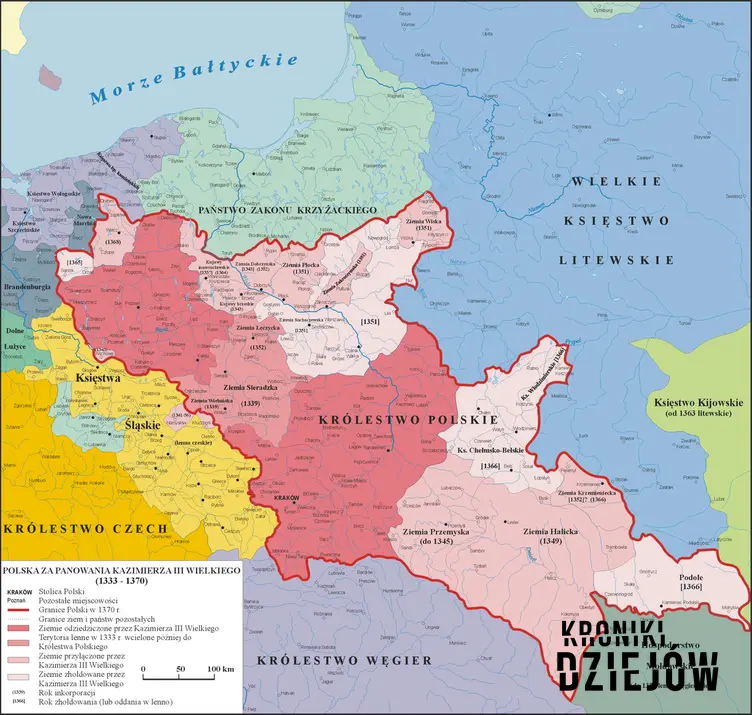 Polska za Kazimierza Wielkiego 1333-1370 r. - granice, zdobyte terytorium, nowo założone miasta