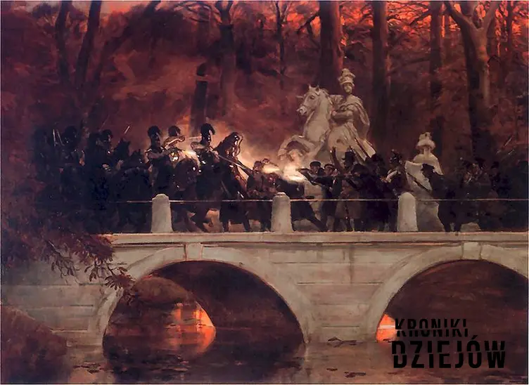 Reprodukcja Starcie belwederczyków z kirasjerami rosyjskimi na moście w Łazienkach 29 listopada 1830, Wojciech Kossak oraz przebieg powstania listopadowego