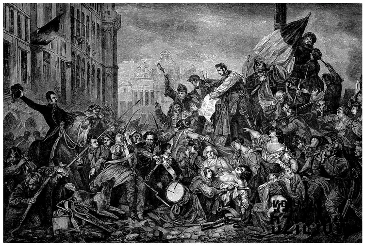 Rewolucja francuska trwała przez kilka lat, podczas których dochodziło do ulicznych drobnych bitew, napadów na sklepy i pałace - rycina przedstawiająca uliczną walkę
