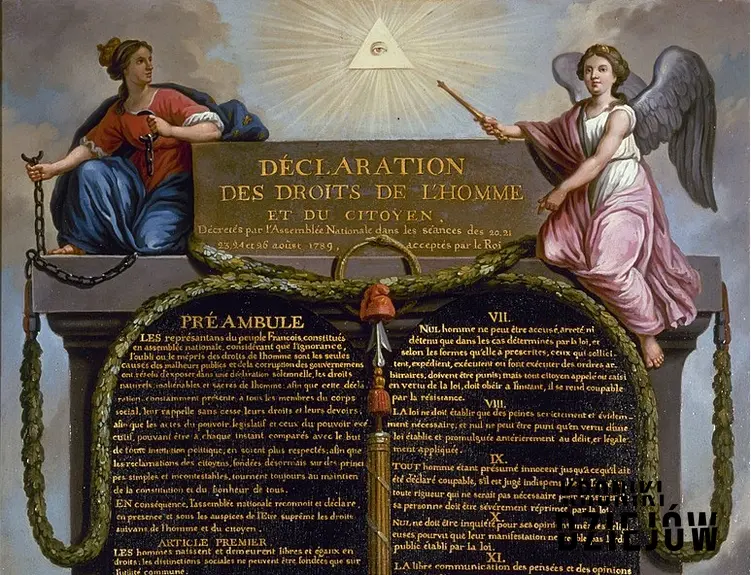 Obraz przedstawiający Deklarację praw człowieka i obywatela, a także skutki i data wydania dokumentu oraz jej znaczenie dla historii Francji