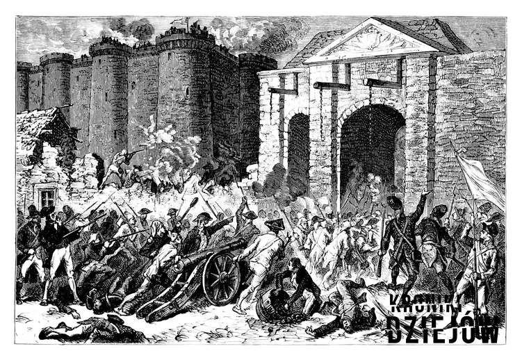 Kalendarz rewolucji francuskiej zaczyna się od zburzenia Bastylii, czyli początek rewolucji francuskiej na rycinie