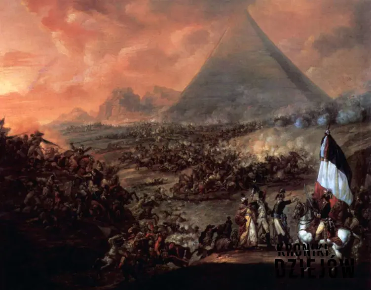 Wyprawy Napoleona dotarły aż do Egiptu - wyobrażenie zbliżania się wojsk napoleoński do piramid na obrazie Francois-Louis-Joseph Watteau