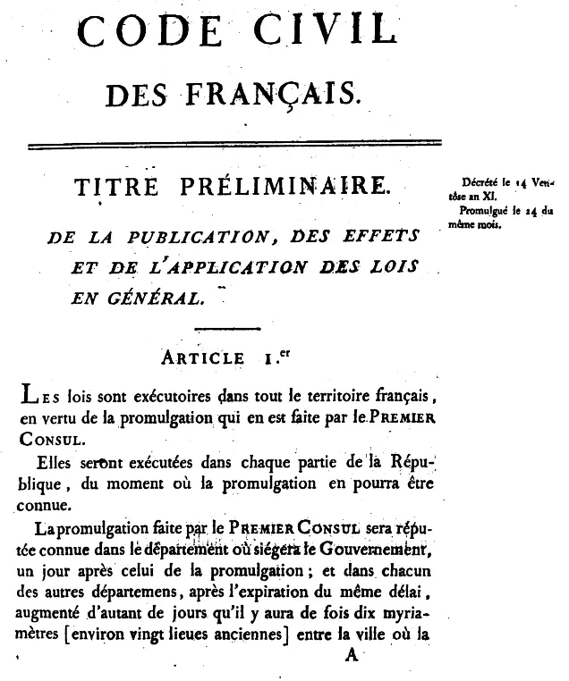 Kodeks Napoleona wprowadzał ważne zmiany w prawie cywilnym - tytułowa strona wydrukowanego kodeksu