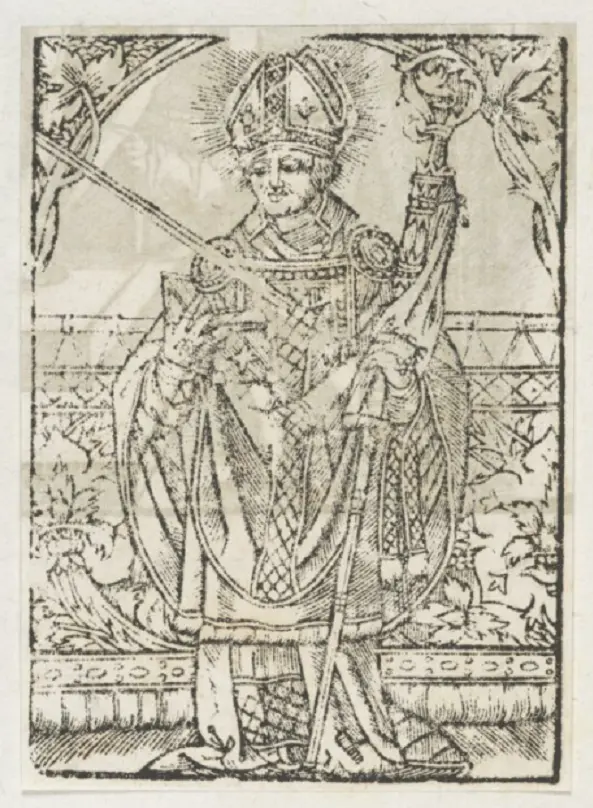 Rycina z 1585 roku przedstawiająca świętego Wojciecha z atrybutami, a także pochodzenie, życiorys i znaczenie świętego