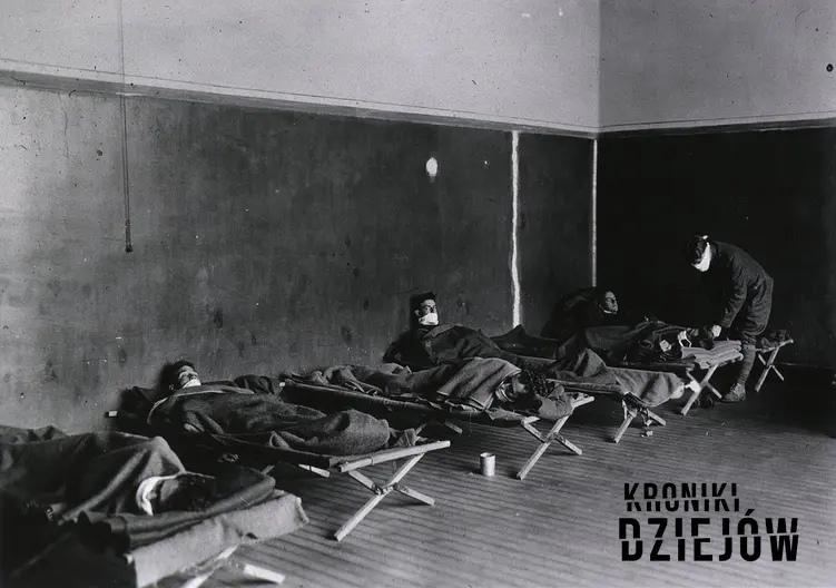 Żołnierze amerykańscy chorujący na grypę Hiszpankę w czasie epidemii na początku XX wieku