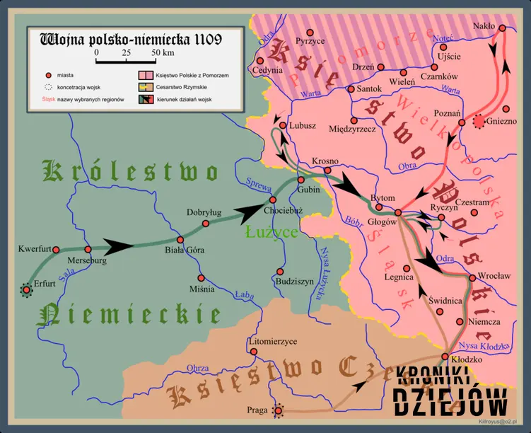 Mapa konfliktu Polsko-Niemieckiego z 1109 r., w czasie której doszło do obrony Głogowa, a także data wydarzenia