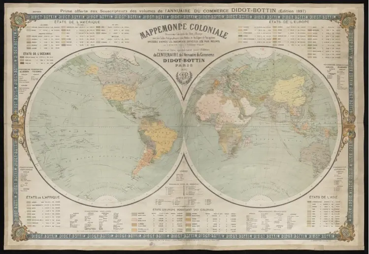Stara mapa ukazująca kolonializm w XIX wieku, czyli miejsca i państwa, które brały w tym udział, a także najważniejsze daty i przyczyny kolonializmu
