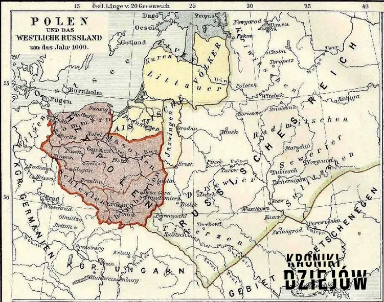 Mapa Polski w 1000 roku, czyli ziemie zagarnię przez Bolesława Chrobrego, a także najważniejsze daty, wyprawy i podboje