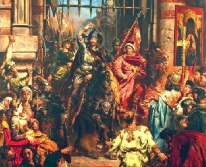 Bolesław Chrobry wjeżdżający do Kijowa na koniu, a także najważniejsze infrmacje - daty, ziemie, bitwy i podboje króla