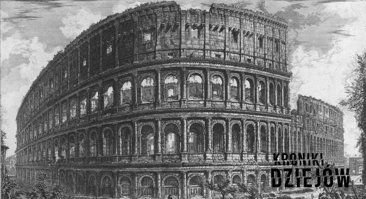 Koloseum, jeden z cudów świata, na XVIII wiecznej rycinie, a także najważniejsze informacje o budowlach, miejsca, daty i historia