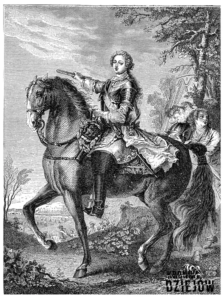 Rycina przedstawiająca młodego Ludwika XV na koniu, a także informacje o pochodzeniu króla, objęcie władzy, polityka zagraniczna i najważniejsze informacje