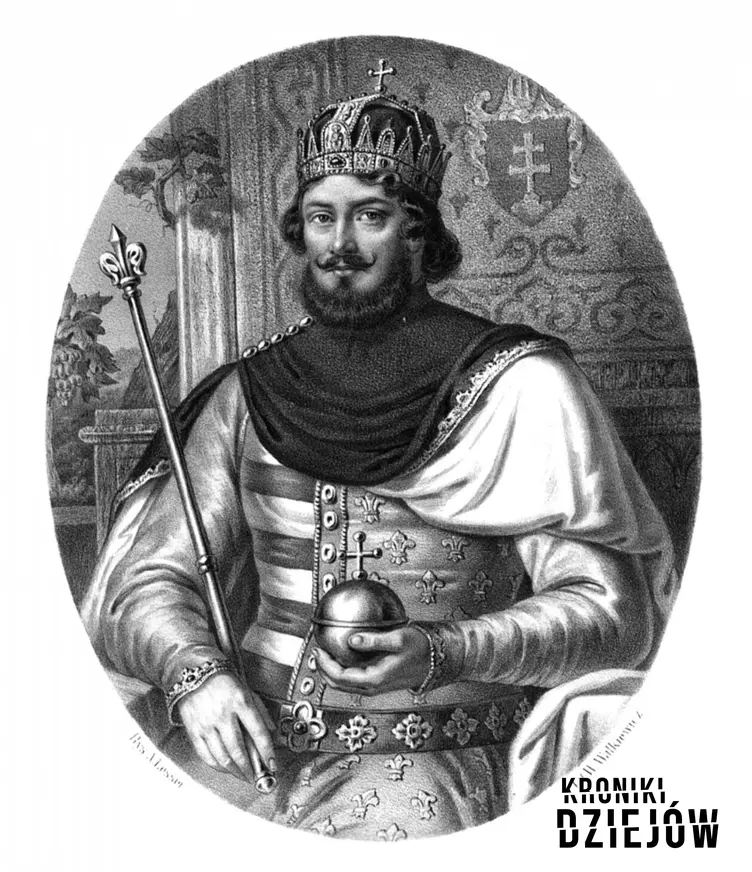 Wizerunek Ludwika Węgierskiego Andegaweńczyka na obrazie Lessera z Pocztu Królów Polskich, a także informacje o tym, jak Król Węgier został Królem Polski, daty, przyczyny i polityka