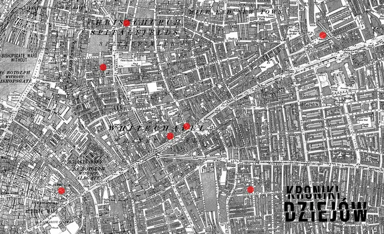 Mapa Londynu z wyszczególnionymi miejscami, gdzie zostały dokonane zbrodnie Kuby Rozpruwacza, a także kim był morderca Kuba Rozpruwacz