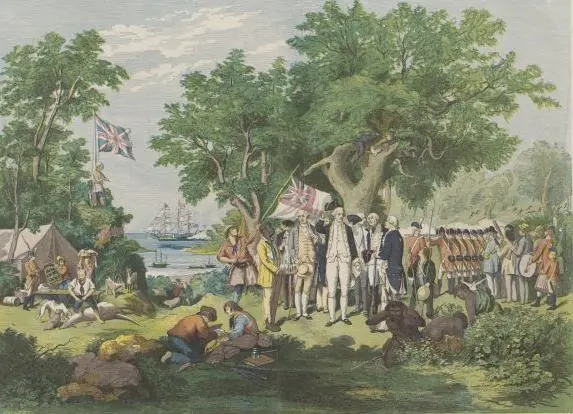 Kapitan Cook ogłasza władzę Korony Brytyjskiej nad Australią. Ilustracja Samuela Calverta z 1865 roku