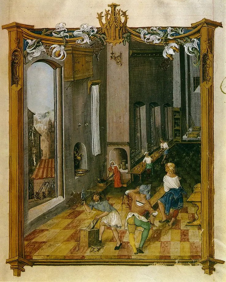 Stolarze, ilustracja z kodeksu Baltazara Behema, 1505 oraz 
