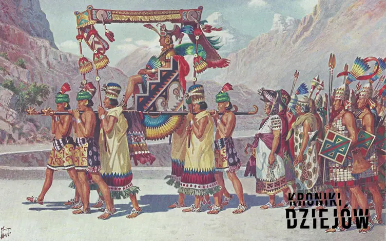 Ilustracja Herberta M. Hergeta przedstawiająca księcia Inków, niesionego w lektyce