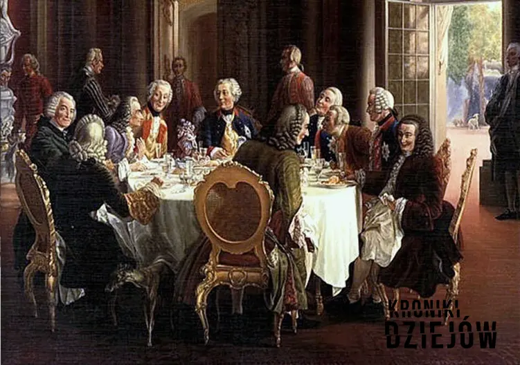 Fryderyk II spotyka się z filozofami przy okrągłym stole na obrazie Adolph Menzela, a także absolutyzm oświecony