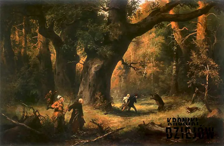 Ilustracja z Pana Tadeusza autorstwa Franciszka Kostrzewskiego ze sceny polowania, a także informacje o kulturze Wielkiej Emigracji