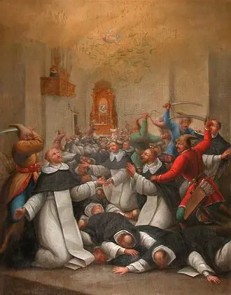 Obraz przedstawiający rzeź dominikańskich mnichów w kościele sandomierskim w czasie oblężenia Sandomierza oraz inne popularne oblężania w średniowieczu