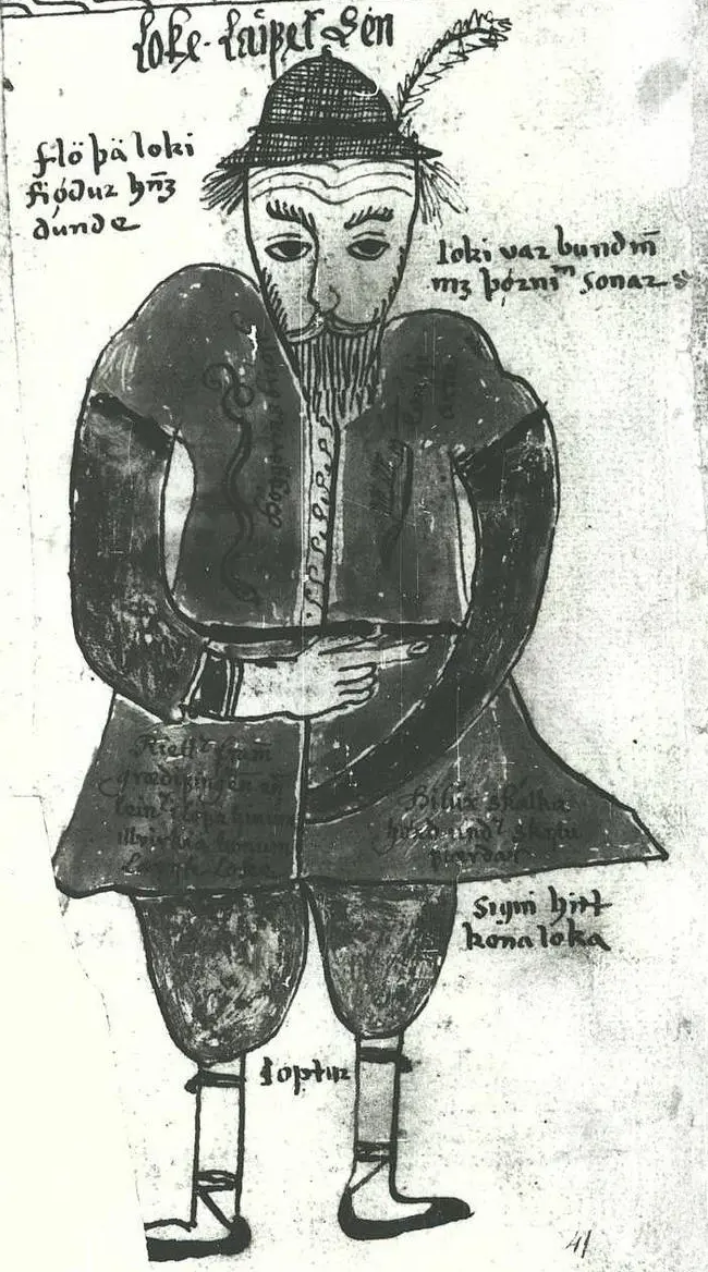 Czarno-biała fotografia XVII wiecznego manuskryptu, na którym widnieje okrutny Loki, Loki jako olbrzym mitologii nordyckiej
