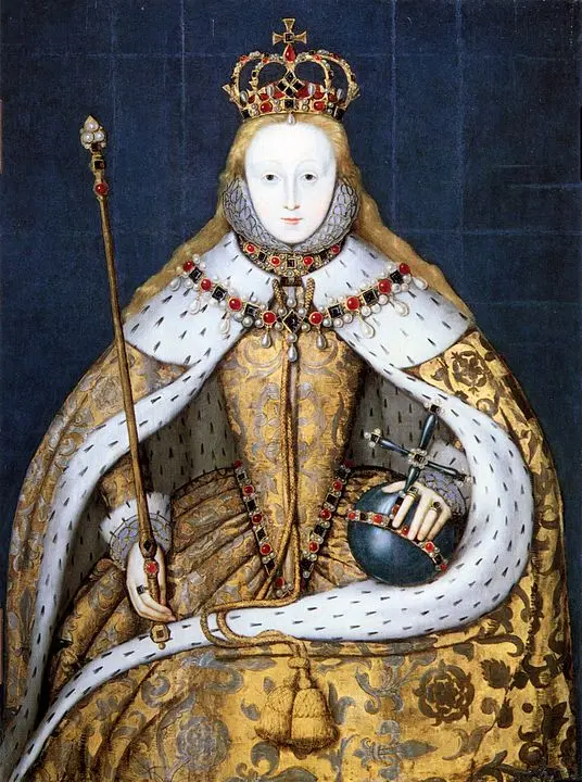 Elżbieta I we wzorzystym stroju koronacyjnym, Elżbieta I z Tudorów jako królowa podniosła poziom gospodarki w Anglii