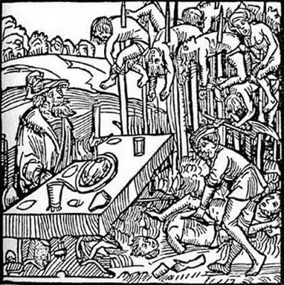 Okrutny Wład na broszurze z 1499 r. wydanej przez Markusa Ayrera w Norymberdze, ludzie nabici na pal w czasach średniowiecza