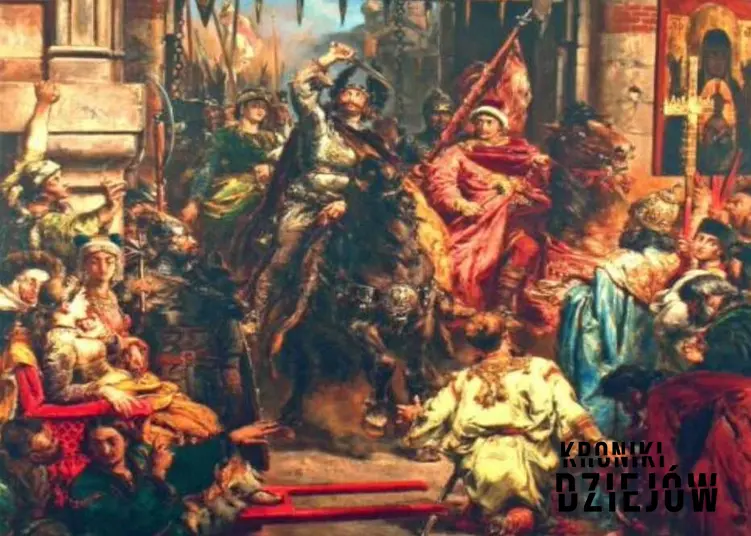 Obraz Jana Matejki przedstawiający wjazd Chrobrego do Kijowa. o lewej stronie, na lektyce, siedzi Przedsława