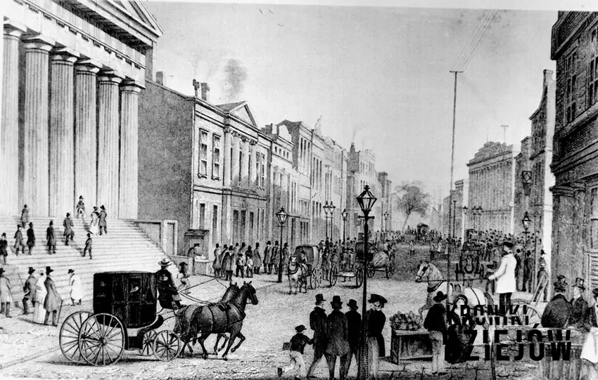 Wall Street w Nowym Jorku pod koniec XIX wieku, fot. domena publiczna Widok na Wall Street, rysunek z XIX wieku