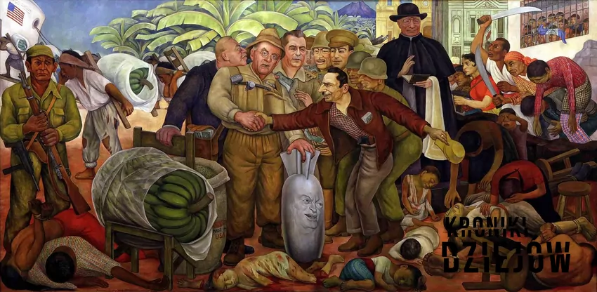 Satyryczny mural „Gloriosa victoria” Diego Rivery przedstawiający główne postaci wydarzeń z Gwatemali
