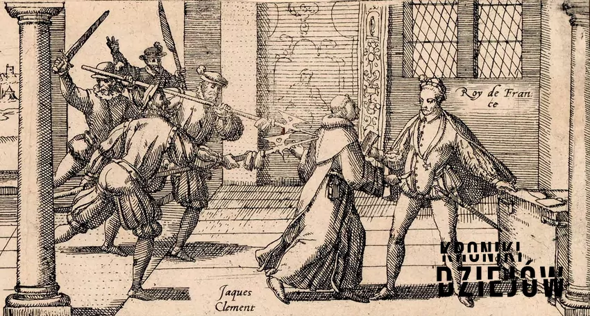Jacques Clement zabija Henryka III, autorstwa Fransa Hogenberga Królobójcy francuscy, czyli historia francuskich władców, którzy zostali zamordowani, plotki, morderstwa, skandale