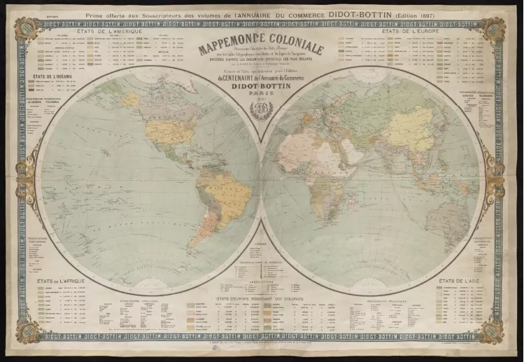 Stara mapa ukazująca kolonializm w XIX wieku, czyli miejsca i państwa, które brały w tym udział, a także najważniejsze daty i przyczyny kolonializmu