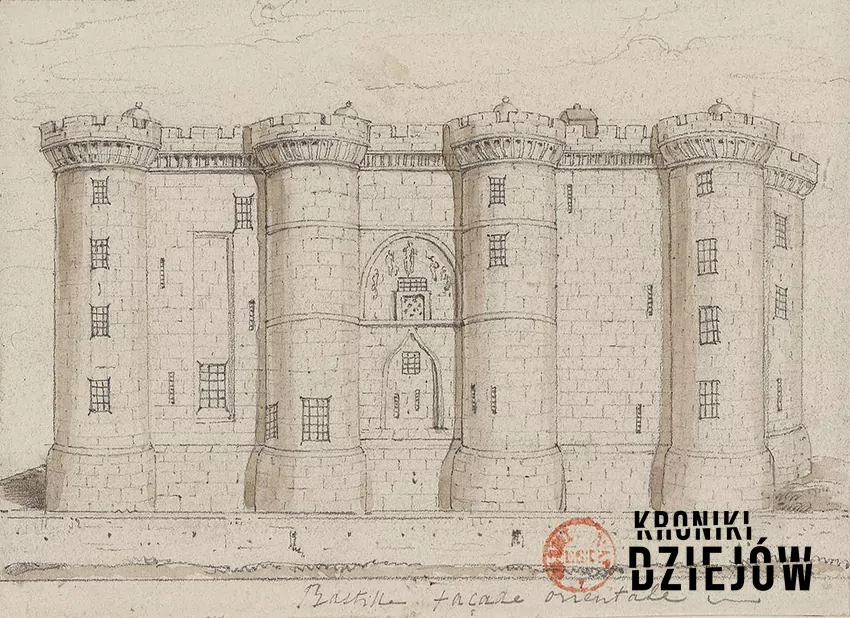 Bastylia, obiekt zdobyty przez rewolucjonistów we Francji - rycina przedstawiając jej zachodnią ścianę