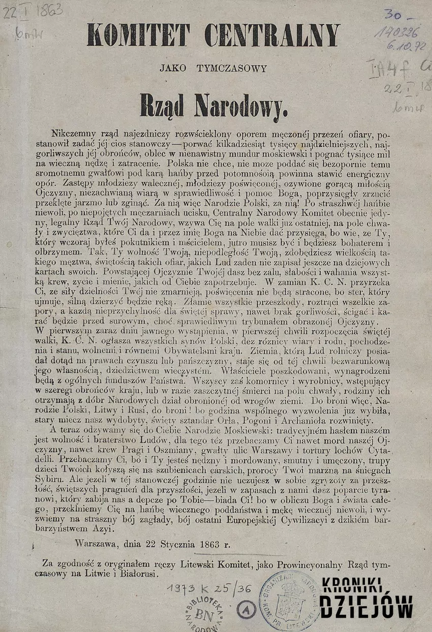 Manifest Rządu Narodowego (powstania styczniowego) ogłaszający uwłaszczenie chłopów (22 stycznia 1863)