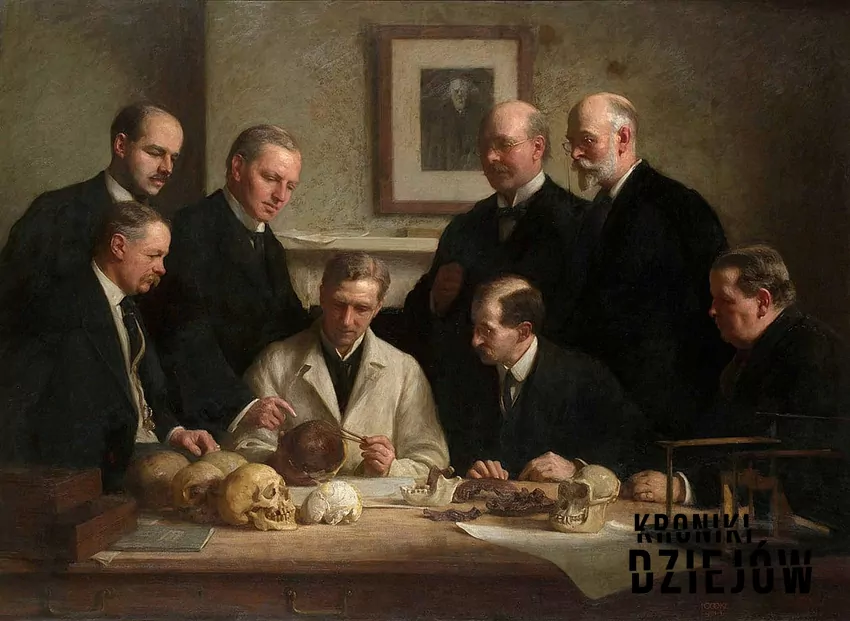 Naukowcy i odkrywcy nad czaszką „człowieka z Piltdown”. Drugi od prawej to Charles Dawson, obraz Johna Cooka, fot. domena publiczna/Wikipedia Obraz Johna Cooka