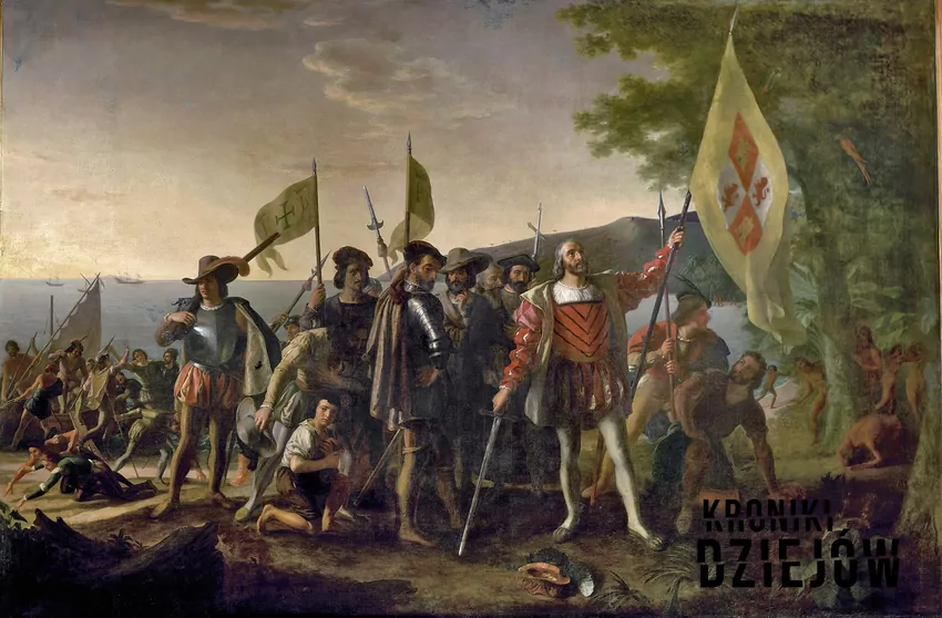 Krzysztof Kolumb wylądował na wyspie San Salvador, fot. domena publiczna Krzysztof Kolumb na wyspie San Salvador