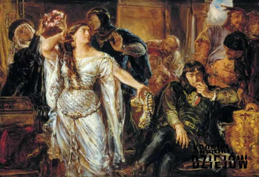 Gryfina zakłada panieński wianek, obraz Jana Matejki, fot. domena publiczna/Wikipedia Gryfina z Leszkiem Czarnym