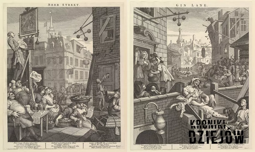 „Uliczka Ginu” i „Uliczka Piwa” osiemnastowiecznego artysty Williama Hogartha odzwierciedlają poglądy nowożytnych moralistów na dobry i zły alkohol, fot. domena publiczna „Uliczka Ginu” i „Uliczka Piwa” osiemnastowiecznego artysty Williama Hogartha
