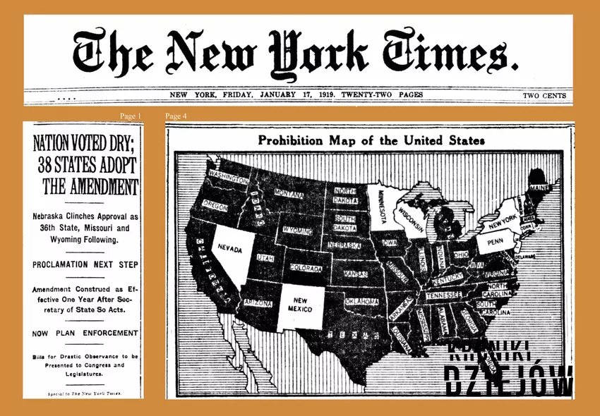 38 stanów głosowało za prohibicją – strona główna New York Times’a z 17 stycznia 1919 roku, fot. domena publiczna Strona główna New York Times’a z 17 stycznia 1919 roku
