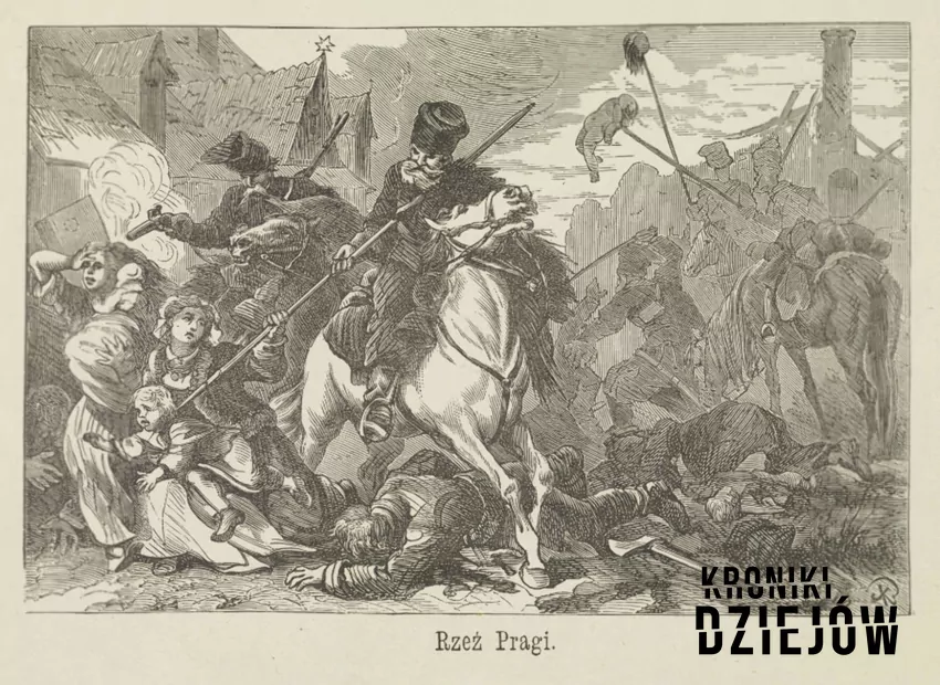 Obrona Pragi w 1794 roku zakończyła się Rzezią Pragi - czarno-biała rycina Aleksandra Orłowskiego upamiętniająca rzeź Pragi