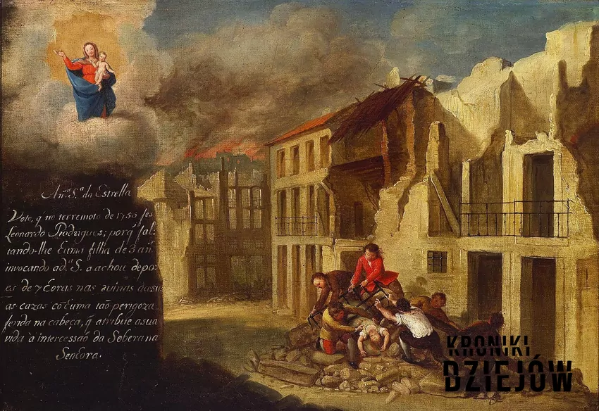 Obraz wotywny autorstwa João Glama Ströberle przedstawiający uratowanie spod gruzów trzyletniego dziecka pod okiem Matki Bożej (II połowa XVIII wieku)