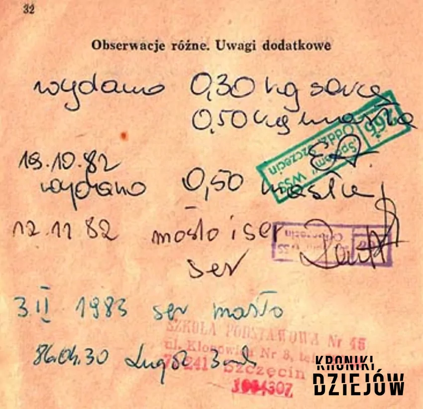 Wpis do książeczki zdrowia dziecka o podaniu płynu Lugola i dodatkowych porcji masła i sera - fot. domena publiczna Jak przeciwdziałano skutkom wybuchu w Czarnobylu, a także środki, które podjęto, podawanie płynu Lugola