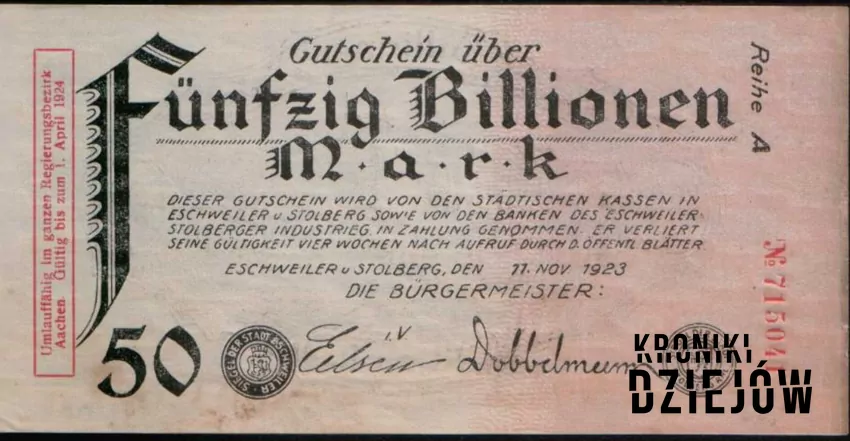 Banknot o wartości 50 bilionów marek z 1923 roku - fot. domena publiczna Inflacja w Republice Weimarskiej oraz historia hiperinflacji w Niemczech krok po kroku