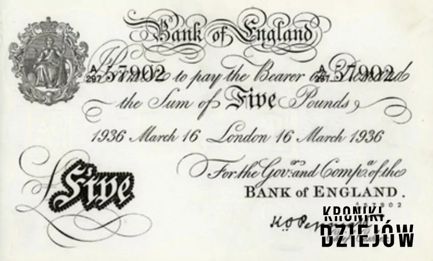 Banknot pięciofuntowy sfałszowany przez więźniów obozu koncentracyjnego Sachsenhausen