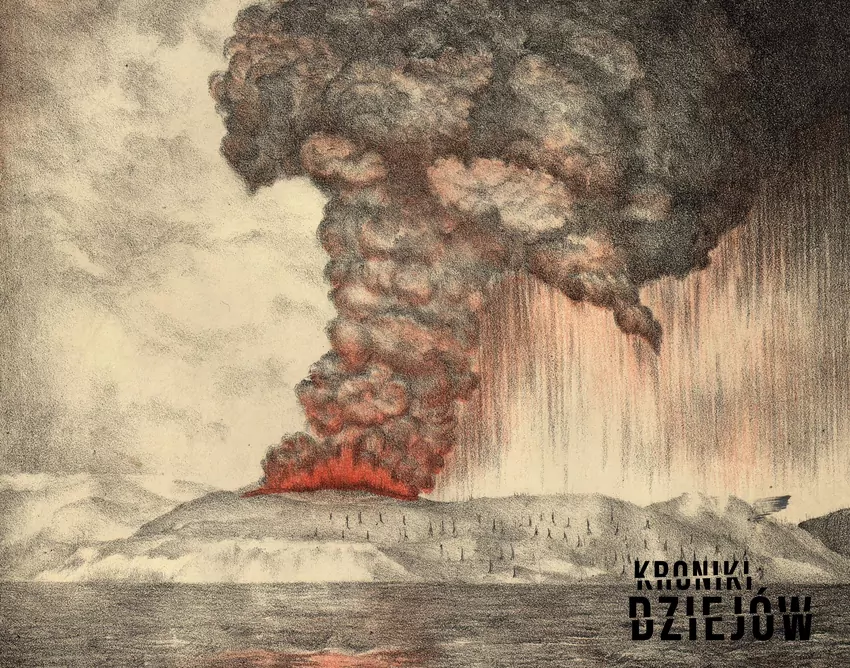 Litografia przedstawiająca erupcję Krakatau z 1883 roku (1888)